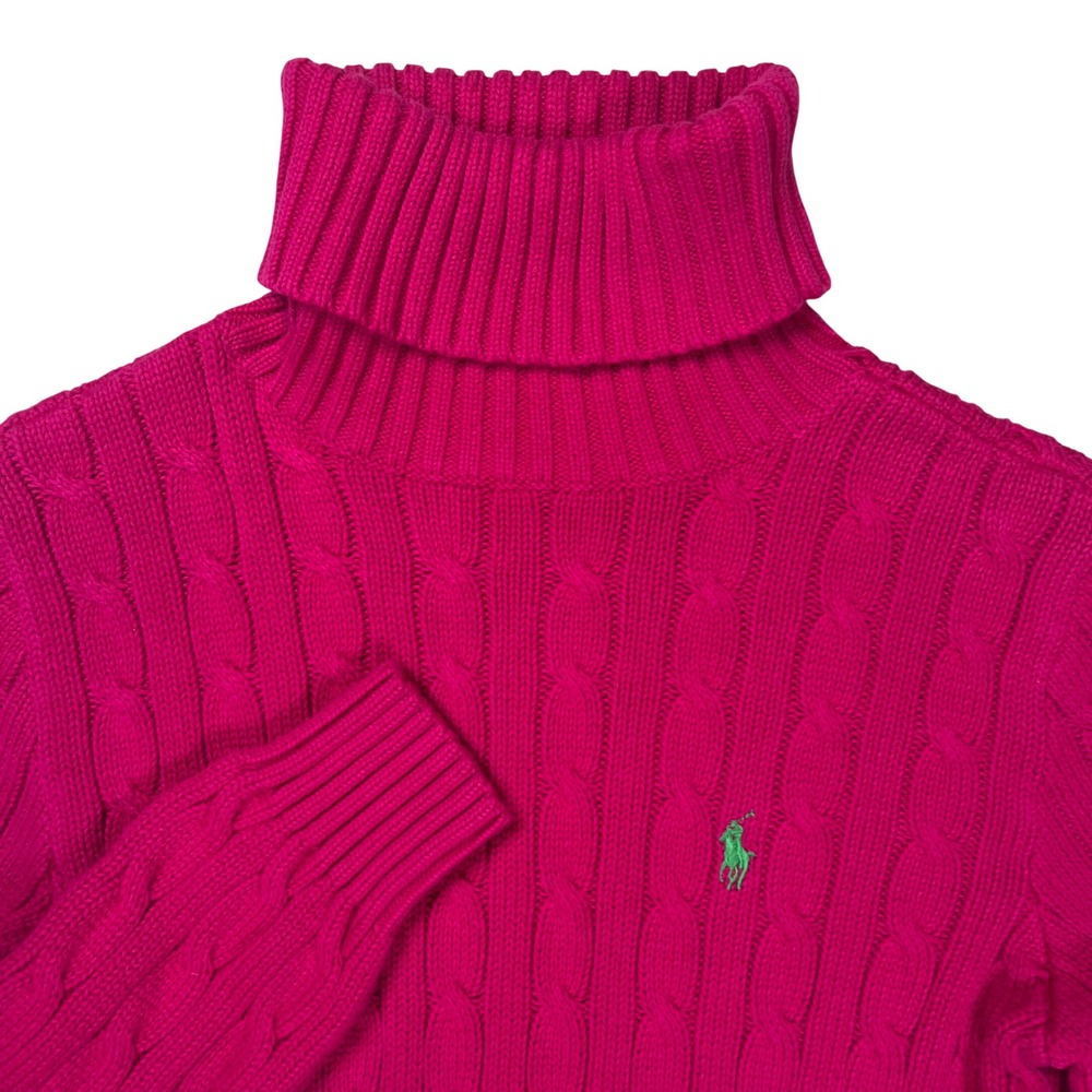 Ralph Lauren Sport Cable Knit Sweater Women's Sz M Pink Turtleneck Cotton Preppy
